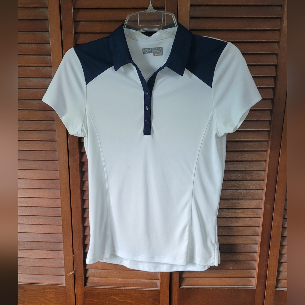 Callaway Women's White and Navy Button Down Shirt - Picture 1 of 8